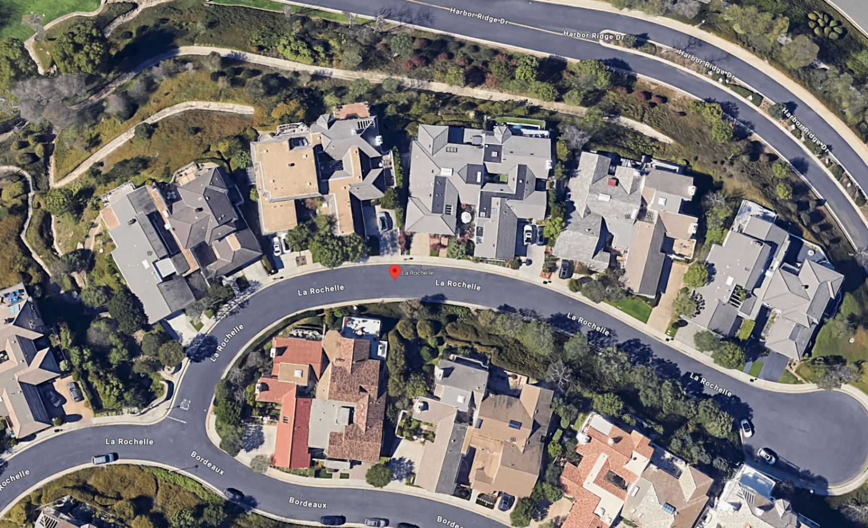 Aerial view of 15 and 17 La Rochelle, two adjoining residences within Harbor Ridge, Newport Beach